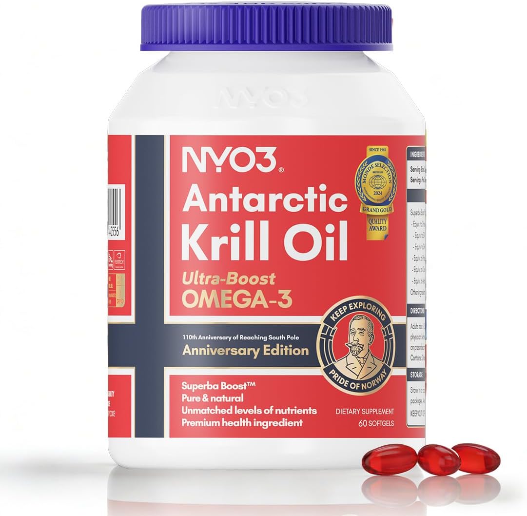 NYO3 Krill Oil bottle and capsules on a clean background
