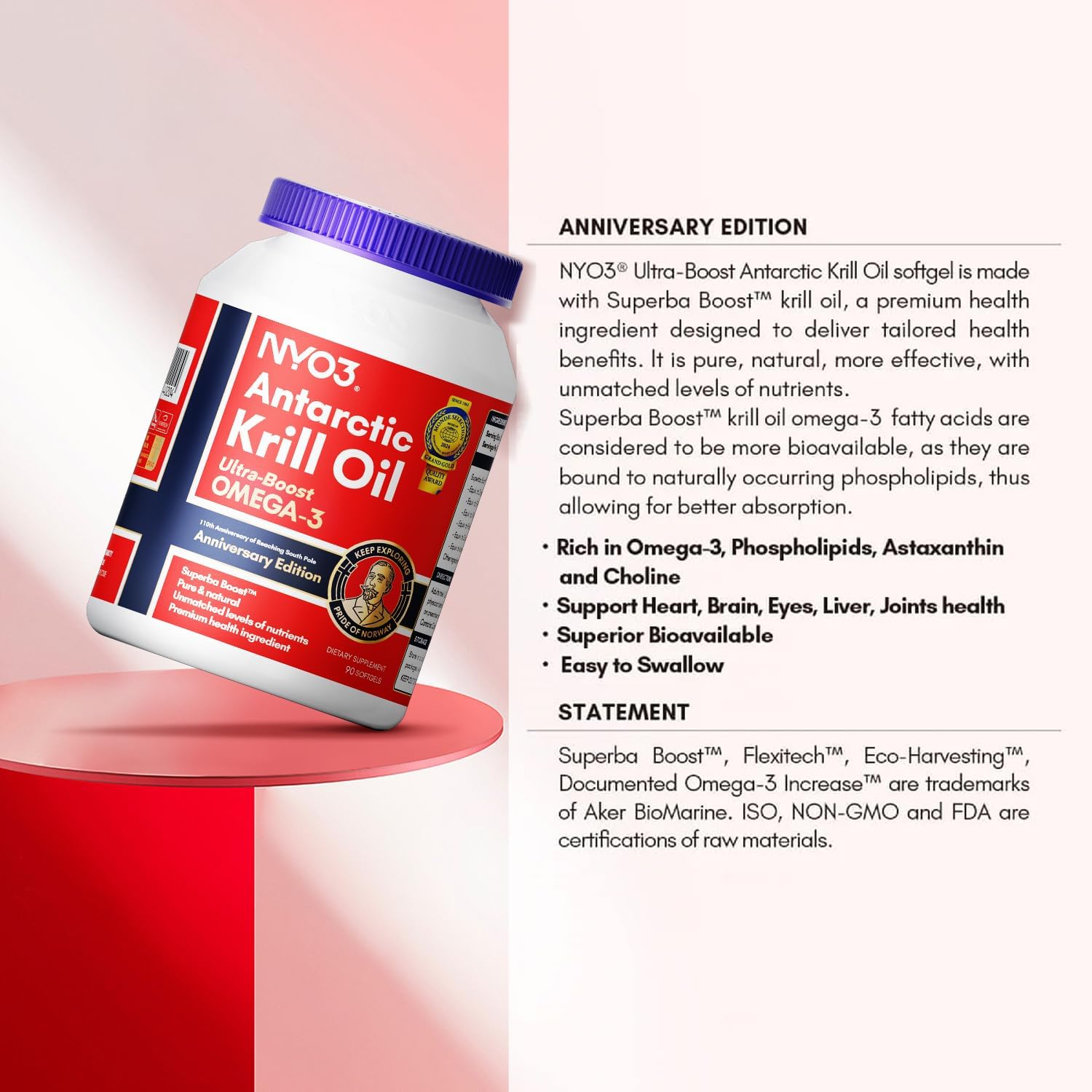 NYO3 Krill Oil softgel bottle and capsules on a clean background