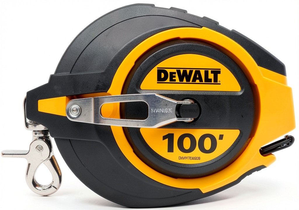DEWALT tape measure showing yellow rubber case and extended blade
