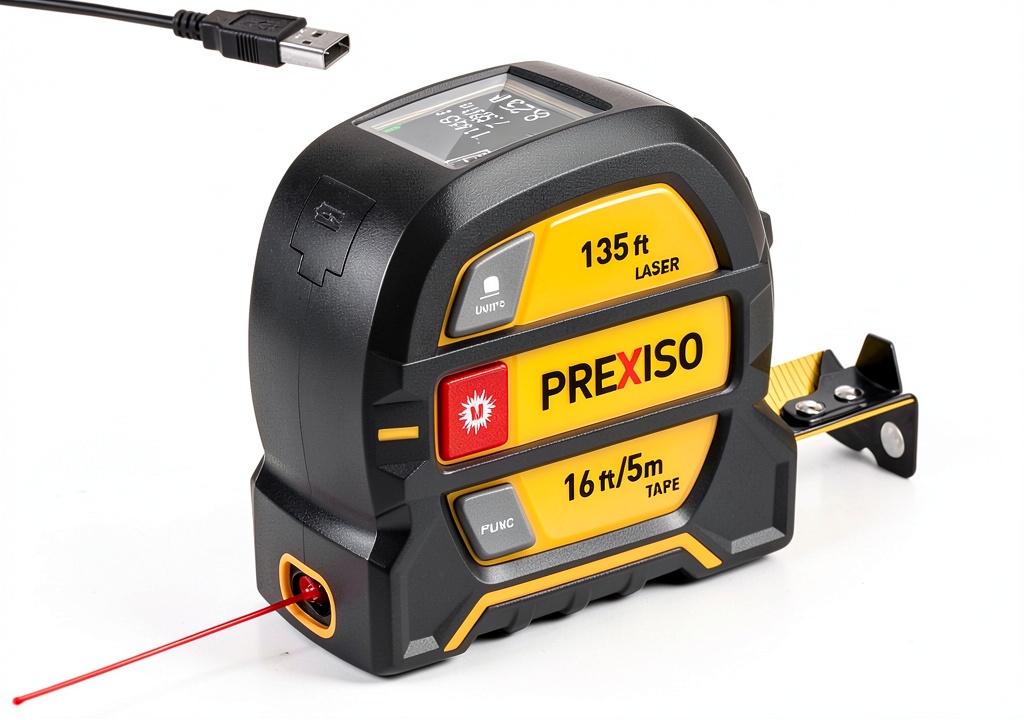 Prexiso Laser Tape Measure showing laser measurement on a wall