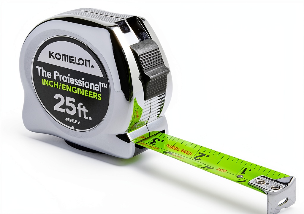 Komelon tape measure showing neon yellow blade and slide lock in use