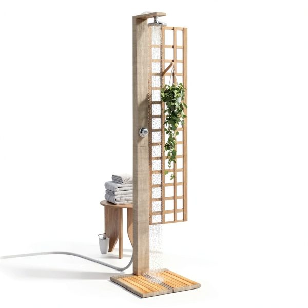 vidaXL Rustic Outdoor Shower Beige 19.7X21.7X88.2 in Made of Poly Rattan and Solid Acacia Wood Ideal for Patio Garden Showering Features Rotatable Adjustable Head Pool Freestanding Outside Swimming-1