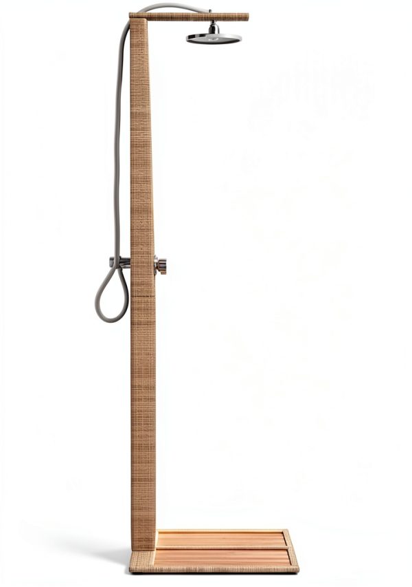 vidaXL Rustic Outdoor Shower Beige 19.7X21.7X88.2 in Made of Poly Rattan and Solid Acacia Wood Ideal for Patio Garden Showering Features Rotatable Adjustable Head Pool Freestanding Outside Swimming-5