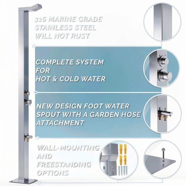 Bondi 316 Marine Grade Stainless Steel Outdoor Shower Panel-No Rust! Perfect for Swimming Pools, Backyards, Beach Houses, Resorts. Hot & Cold Water Connections, Wall Mounted or Freestanding Options.-6