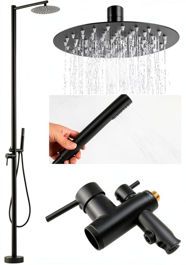 Freestanding Outdoor Shower - Outside Drench Shower for Backyard Garden/Swimming Pool/Beach Courtyard - Outdoor Shower Column with 10" Rain Shower Head and Handheld, Matte Black-1